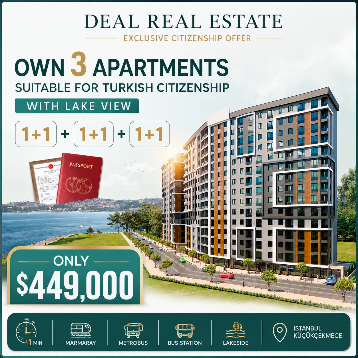 3 Apartments for Turkish Citizenship in Küçükçekmece | $449,000
